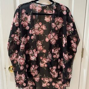 Charlotte Russe Black and Pink Scarves and Wraps Floral Kimono